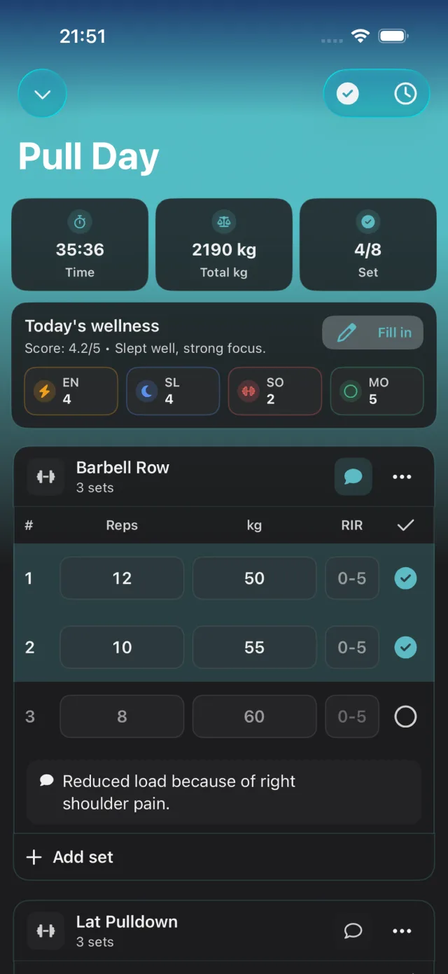 Workout tracking screen