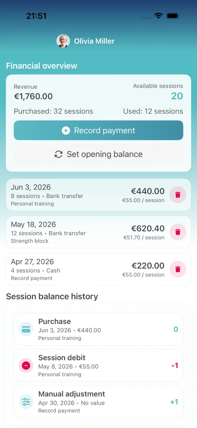 Client finance and session balance screen