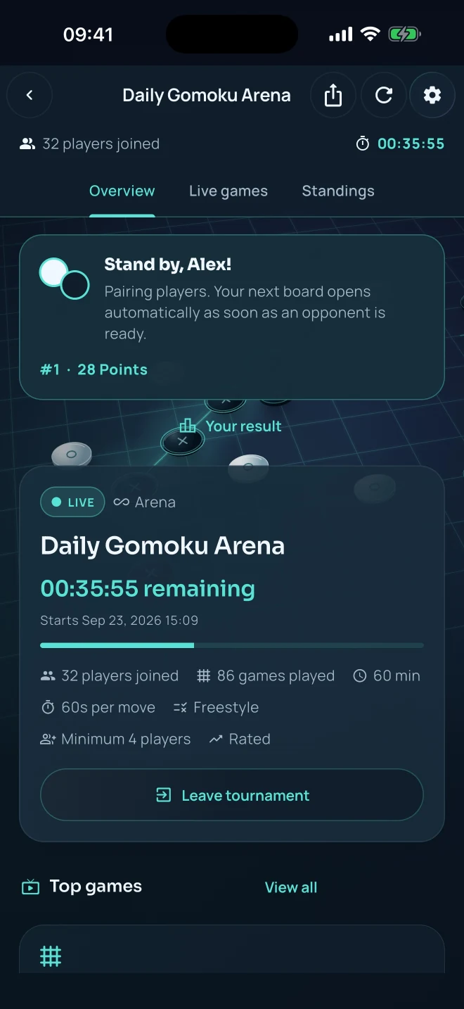 Daily Arena tournament on mobile with live progress and player results