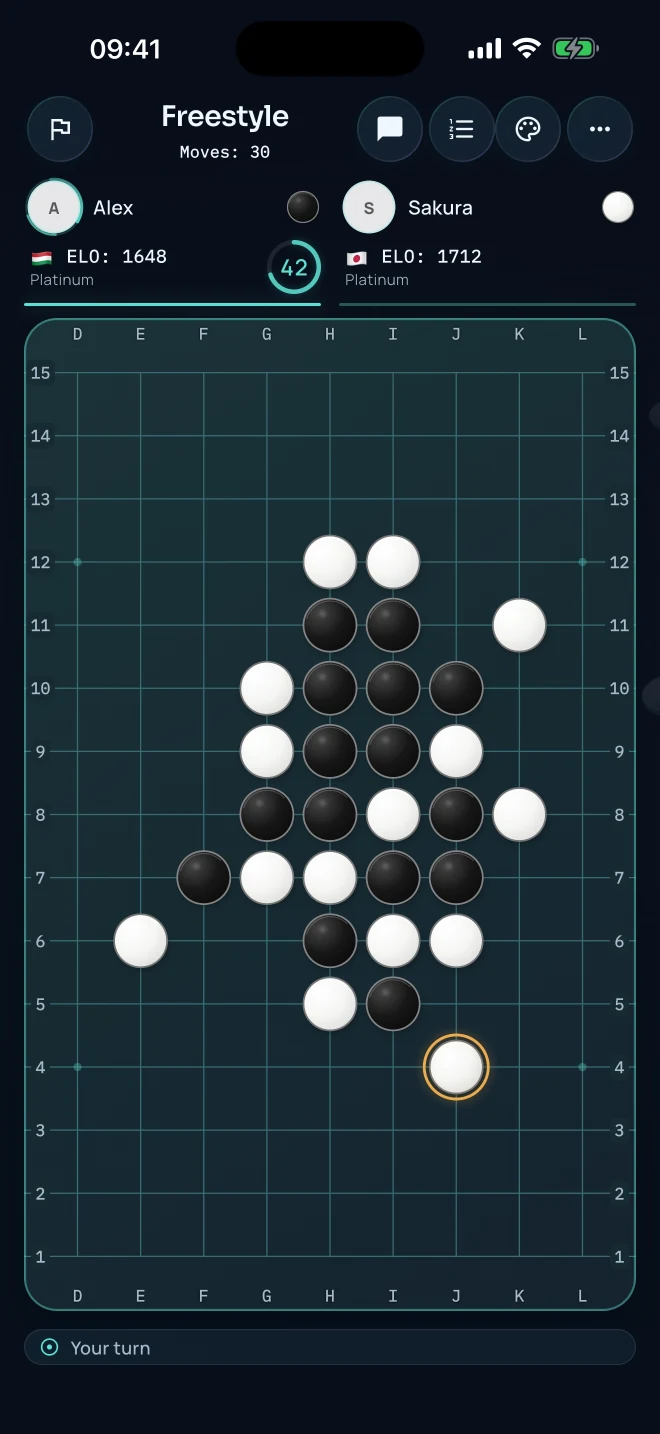 Gomoku Party mobile ranked match with the current board and player controls