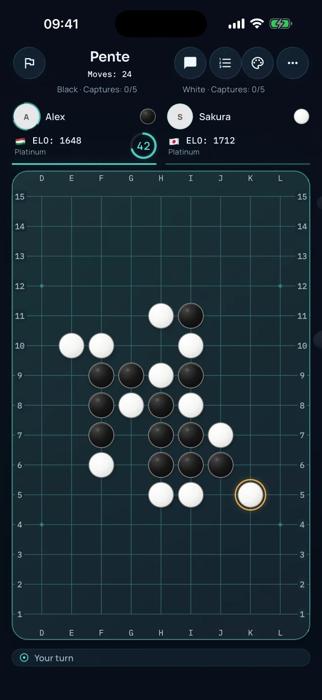 Pente ruleset match on mobile with capture counters and a different board position