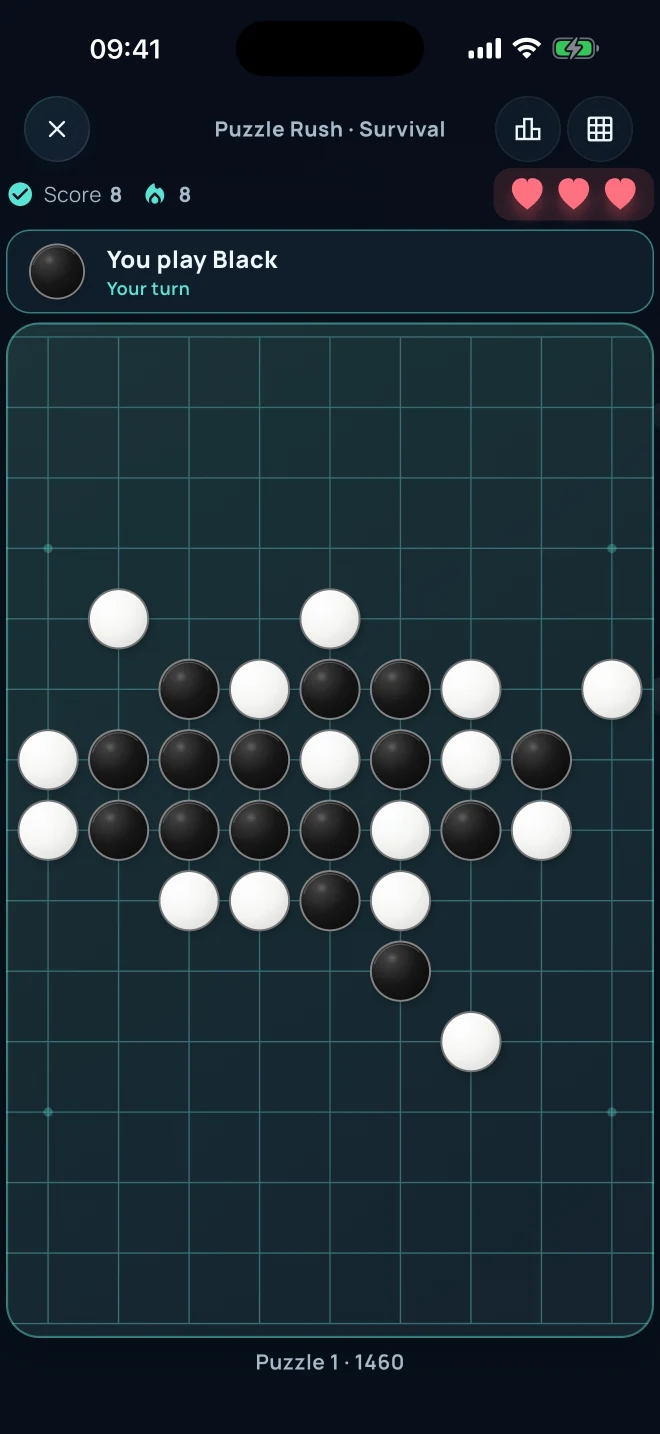 Survival puzzle on mobile with three lives and a tactical board position
